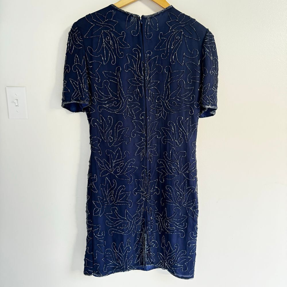 Vintage 100% Silk Sequin Navy Cocktail Party Evening Mini Dress Size Medium 90's - Picture 2 of 8